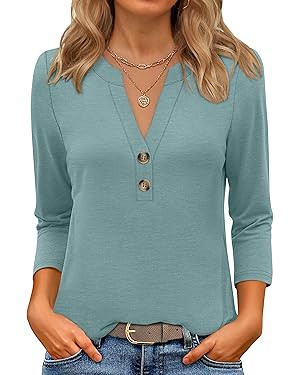 ANRABESS Women 3/4 Length Sleeve Henley Tops V Neck Business Casual Work T Shirts Cute Travel Shi... | Amazon (US)