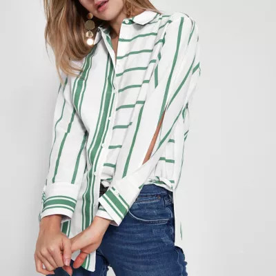 Green stripe print split sleeve shirt | River Island (US)
