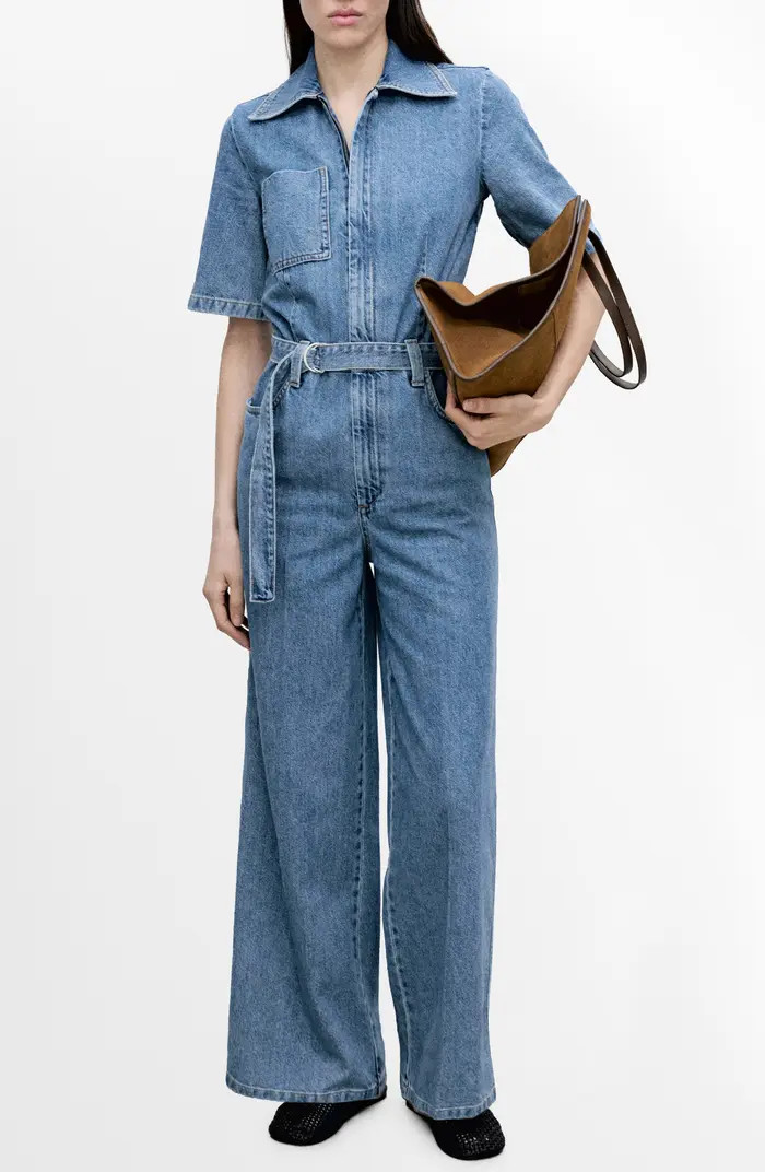 MANGO Fleur Tie Waist Denim Jumpsuit | Nordstrom | Nordstrom