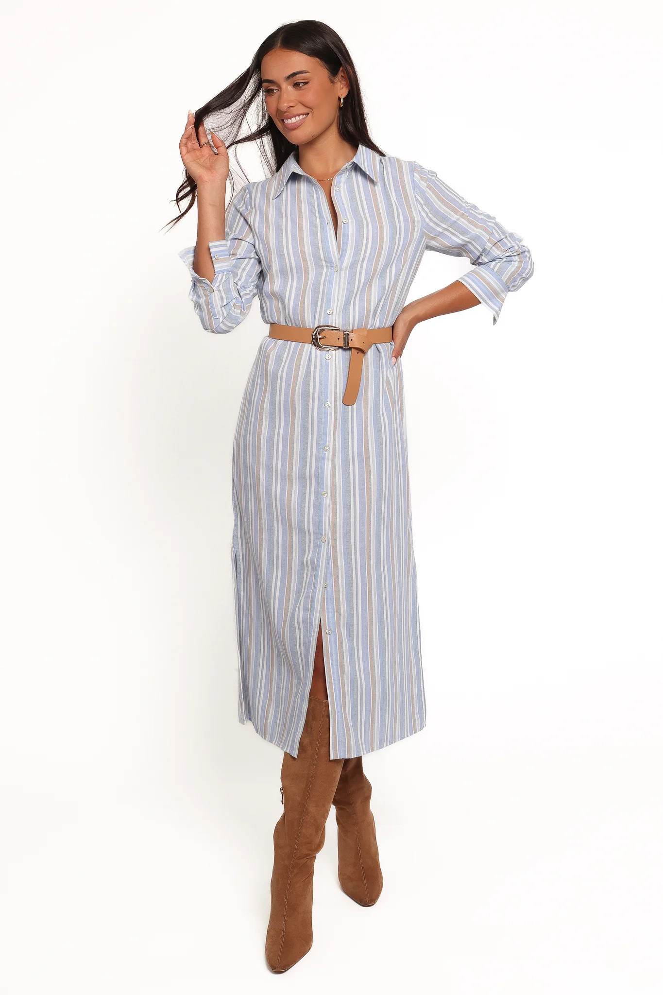 Caprice Long Sleeve Button Down Maxi Dress - Blue Stripe | Petal & Pup (US)