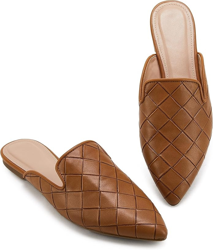 Womens Braided Pointed Toe Mules Low Heel Loafers Quilted Slip On Flats Slide Backless Cut Out Co... | Amazon (US)