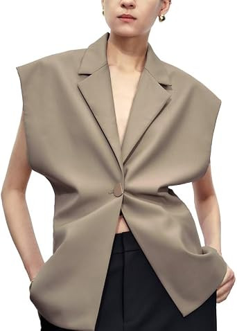 URBAN REVIVO Womens Sleeveless Blazer Vest V Neck Summer Casual Waistcoat Lapel Collar Button Up Tops for Women | Amazon (US)
