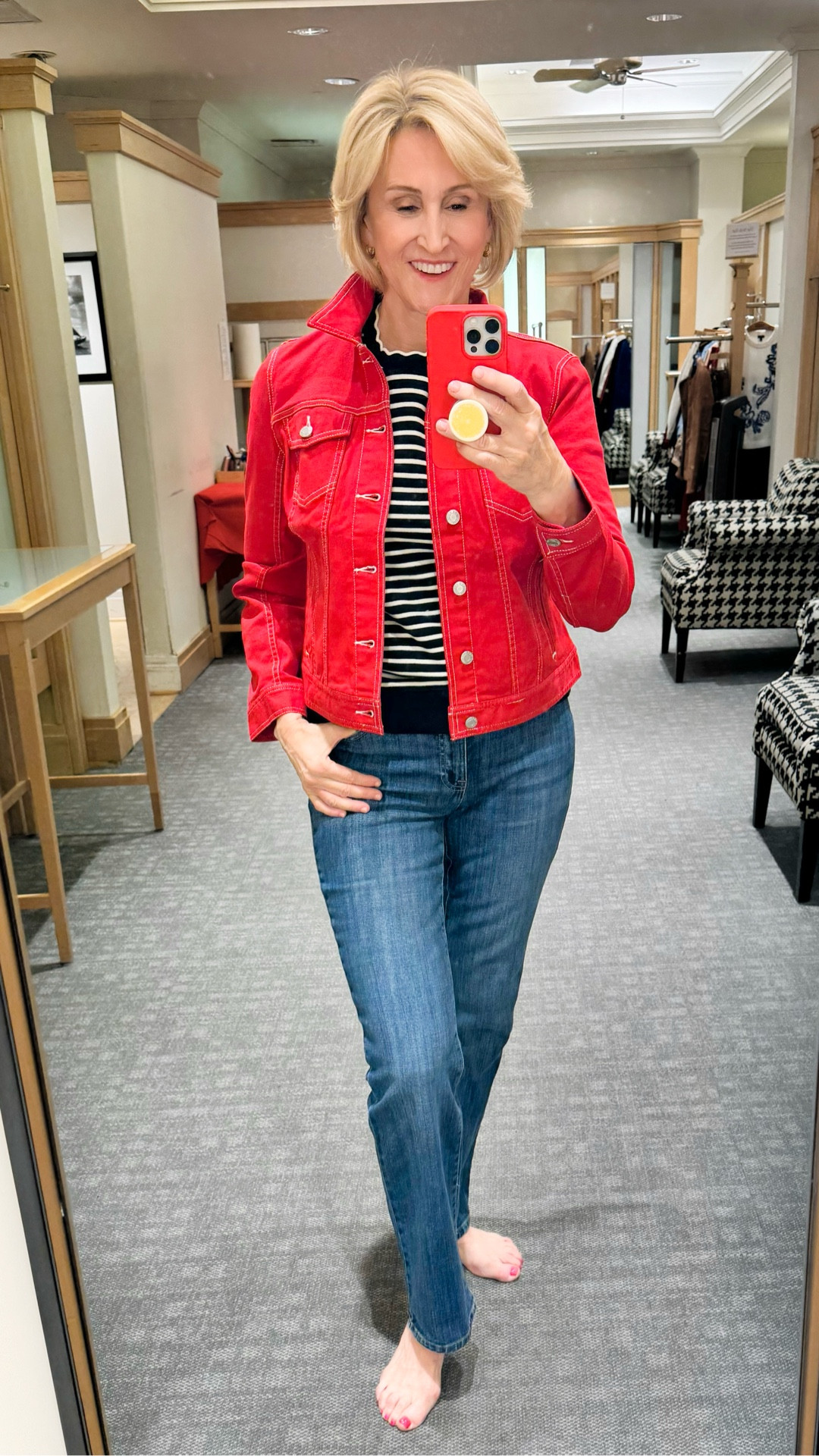 Sometimes the simplest combos just work ❤️

A classic sailor stripe top layered under a red denim jacket with my go-to jeans… it’s giving timeless with a fun little pop of color. The stripes keep it classic, and the jacket adds just enough personality to make it feel fresh.

This is one of those outfits that’s easy to throw on but still feels like you made an effort ✨

Definitely a “grab and go but still cute” kind of day 🙌


#LTKootd #LTKOver40 #LTKSeasonal