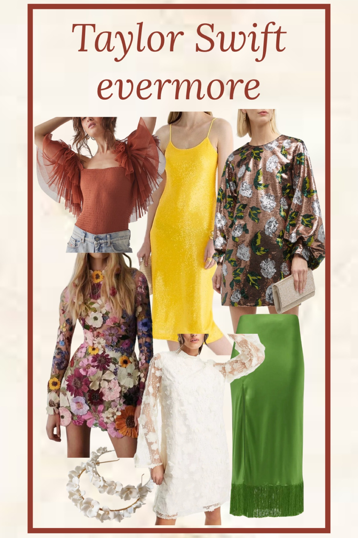 Taylor Swift concert outfits. Taylor Swift Eras Tour outfit ideas. Concert outfits. Evermore outfit ideas. Floral sequin mini dress. Floral mini dress. Tulle sleeve bodysuit too. Sequin slip dress. Green fringe hem slip skirt. Lace white mini dress. Flower headband like Taylor Swift. 
.
.
.
… 

#LTKstyletip #LTKFestival #LTKwedding