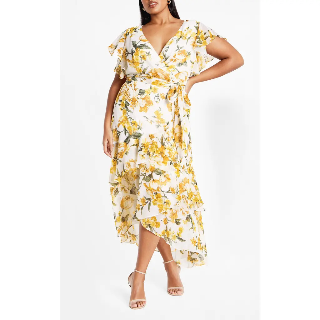 City Chic Floral Faux Wrap Tiered Midi Dress in Yellow Floral at Nordstrom, Size 16W | Nordstrom