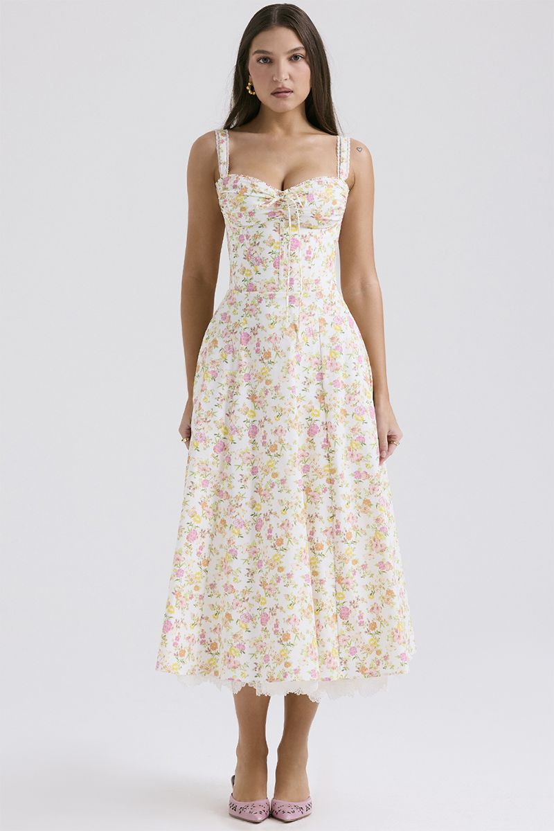 Ditsy Floral Print Sweetheart Neckline A-Line Lace Trim Slip Midi Dresses-White [Pre Order] | Cherley