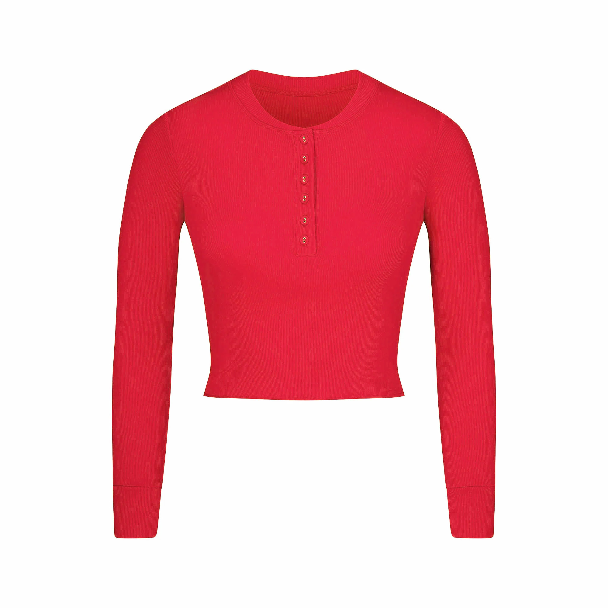 COTTON RIB LONG SLEEVE CROP HENLEY | CRANBERRY | SKIMS (US)
