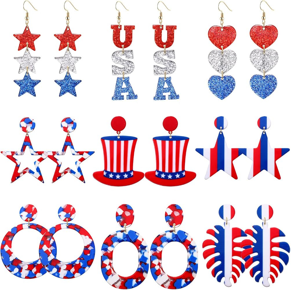 9 Pairs Patriotic Earrings 4th of July Earrings for Women Acrylic American Flag Star Dangle Earri... | Amazon (US)