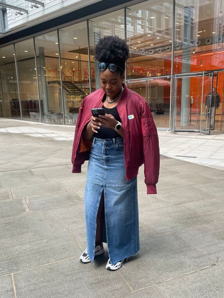 Not me out there looking like an influencer in the wild 😝 wore this maxi midi denim skirt out for the first time and it gets 10/10 for comfort 🫶🏾 I even ran for the train in it lol today I paired it with a black vest, this bomber jacket (thanks YouTube) and these trainers which I’ve had since last year and are currently on sale …I’m getting me the brown ones right now 😍 

#LTKsalealert #LTKeurope #LTKover40