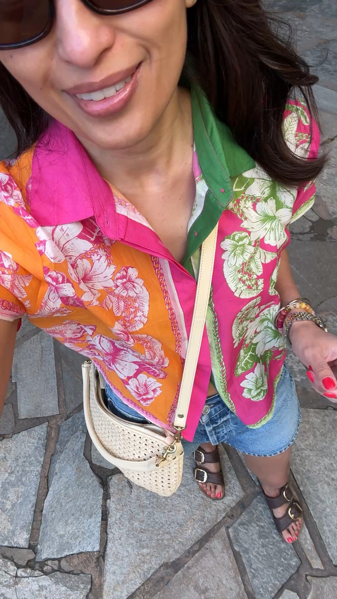 Vacation outfit. Resort wear. 
Floral print shirt is old. 
Denim shorts. 
Crossbody woven bag. 
Raffia slide sandals  

#LTKTravel #LTKootd #LTKOver40