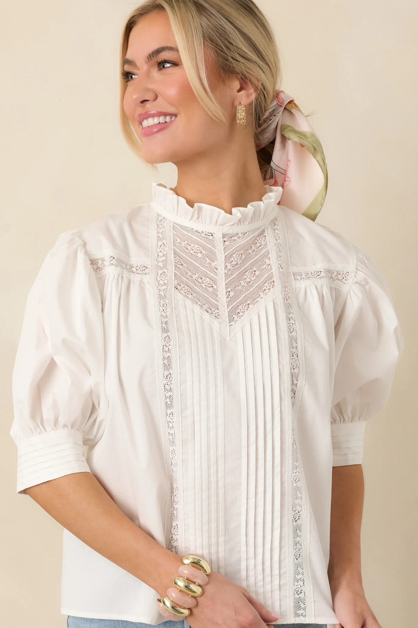 Lines Yet Written White Cotton Pintuck and Lace Puff Sleeve Top | Red Dress
