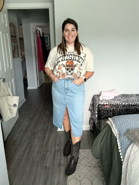 What should I wear to the Luke Combs concert?! 

Look 4: I feel like I went out on a limb in this look, it’s not one I would typically wear, but it came together to be so cute! The top is from Fig and Willow and is one size, so the fit is oversized. The skirt is from Abercrombie, is super cute and runs TTS. The boots are Tecovas and they are no longer available, but they run TTS and I will link similar boot options!! 

#LTKstyletip #LTKmidsize #LTKshoecrush