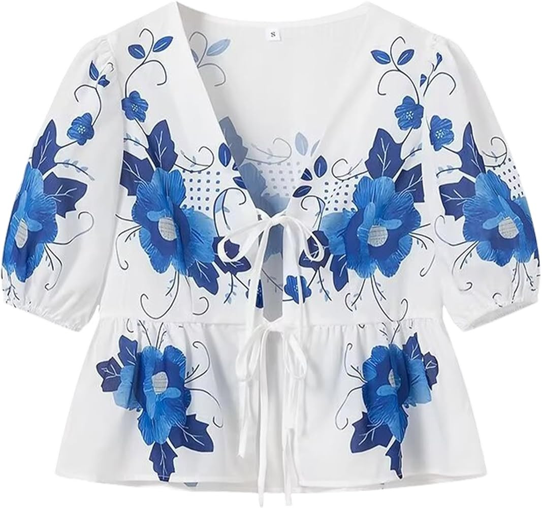 Gihuo Womens Tie Front Floral T-shirt Cute V Neck Ruffle Hem Short Sleeve Summer Cropped Shirt To... | Amazon (US)
