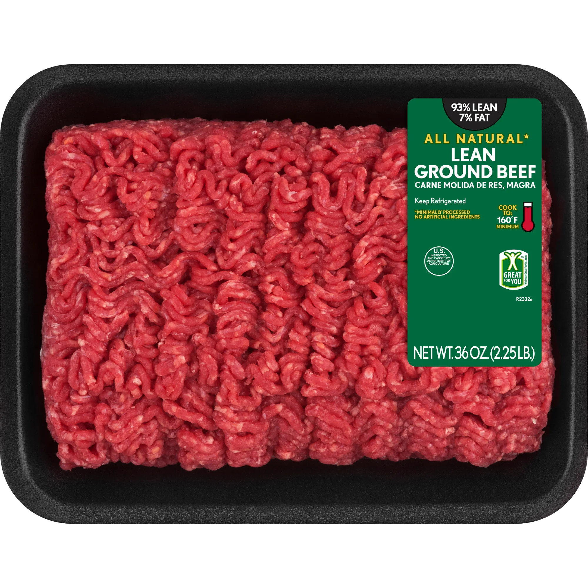93% Lean / 7% Fat Lean Ground Beef, 2.25 lb Tray, Fresh, All Natural* | Walmart (US)