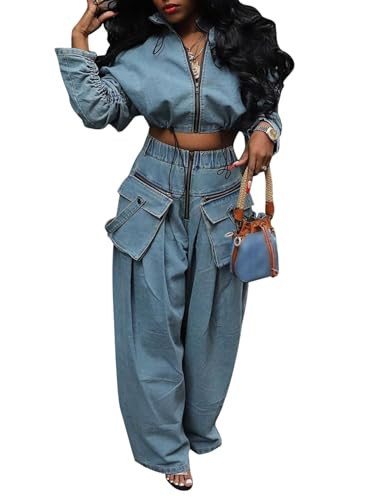 KANSOON Denim Outfits for Women 2 Piece Sets Jean Loose Casual Drawstring Zipper Crop Pullover Wide Leg Pant Sweat Suits Blue L | Amazon (US)