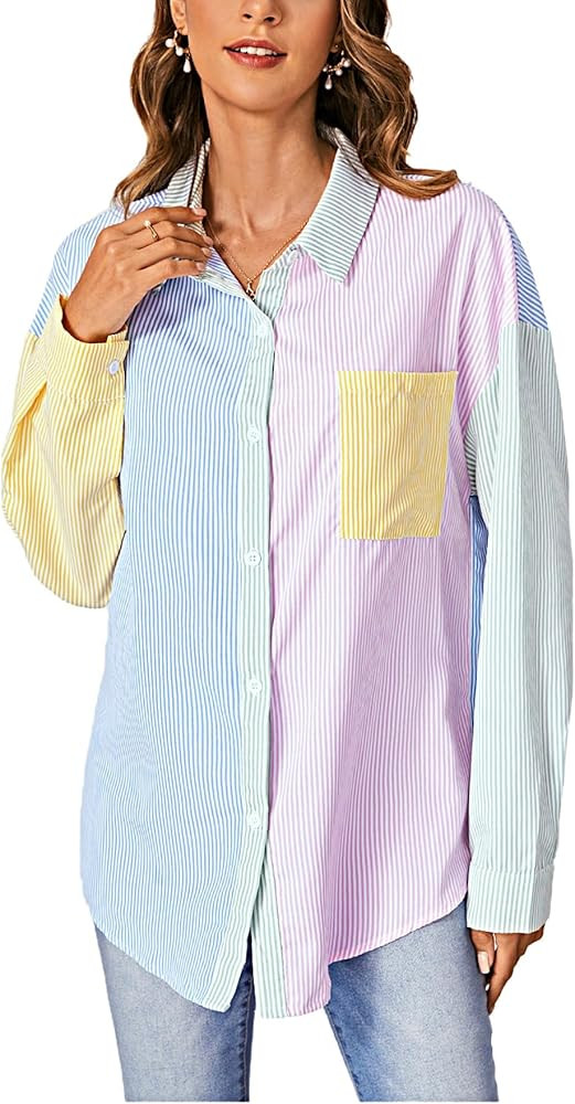 MakeMeChic Women's Striped Colorblork Blouse Collared Button Down Shirt Long Sleeve Office Top | Amazon (US)