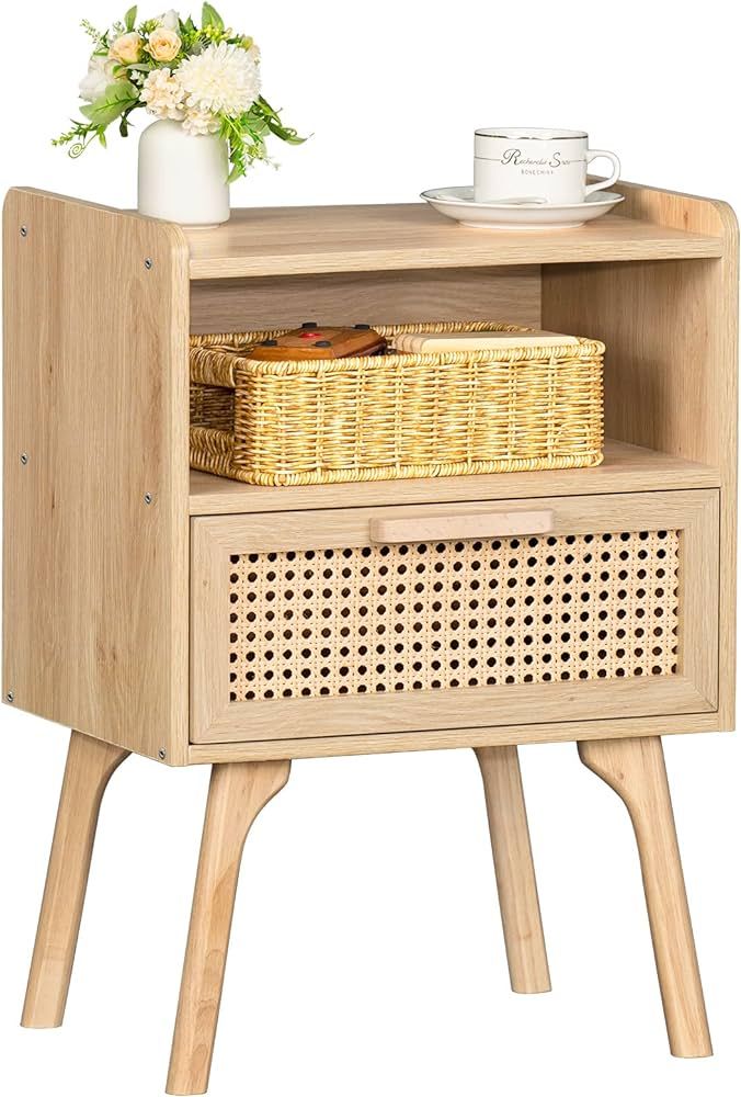 Lerliuo Rattan Nightstand, Boho Side Table with Drawer Open Shelf, Cane Accent Bedside End Table ... | Amazon (US)