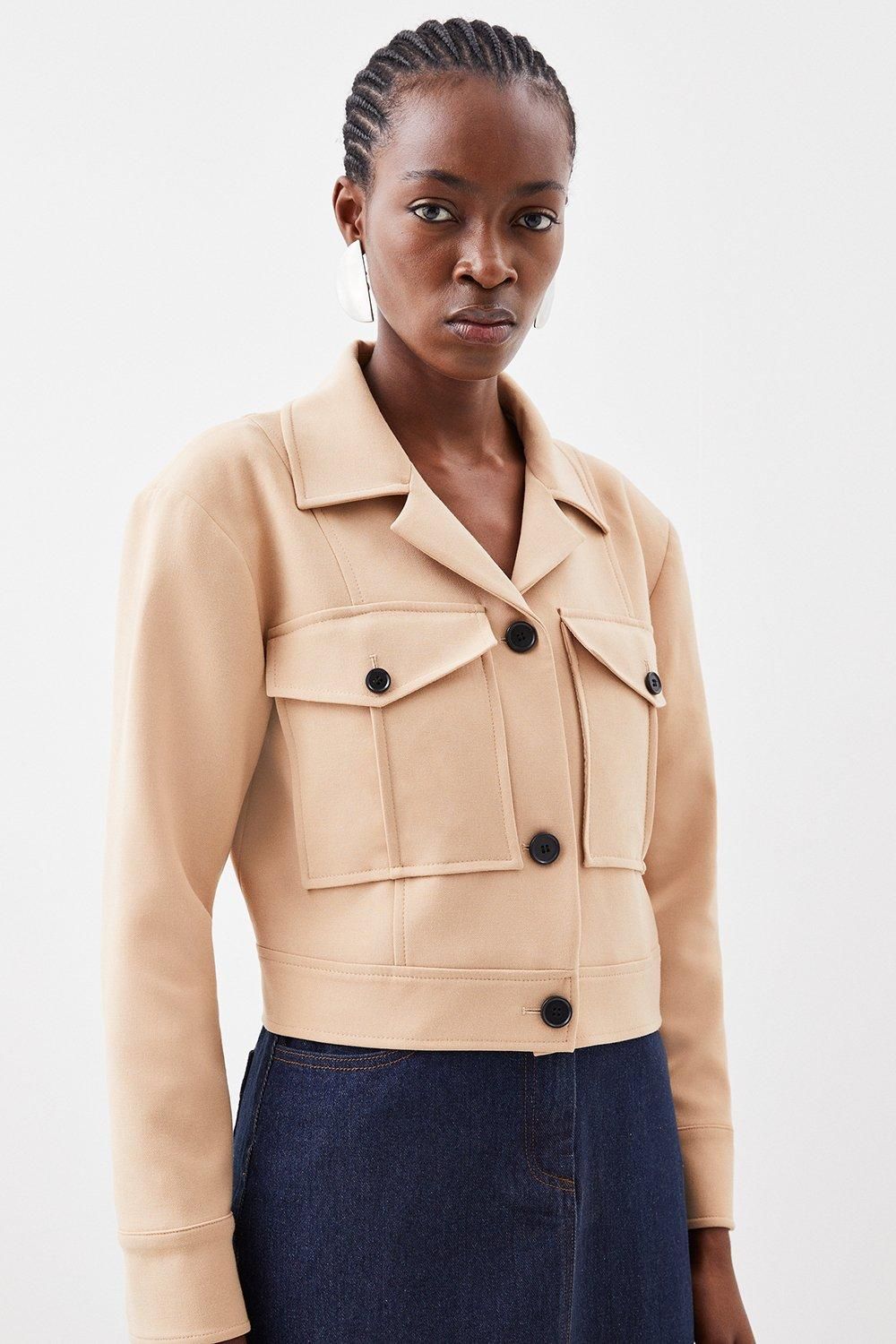 Compact Stretch Pocket Detail Tailored Cropped Jacket | Karen Millen UK + IE + DE + NL