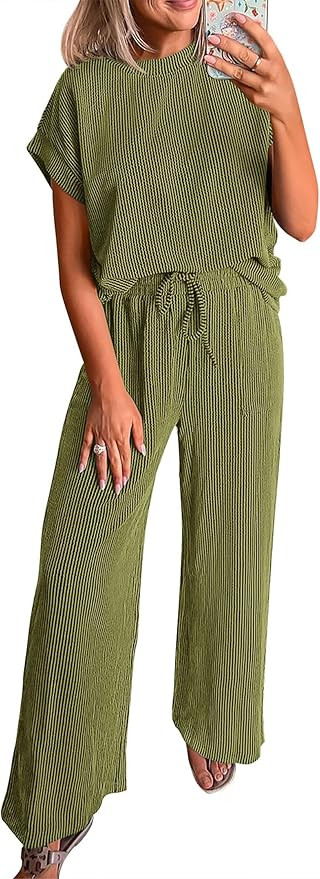 KIRUNDO 2 Piece Sets for Women Casual Summer Ribbed Short Sleeve Wide Leg Pants Lounge Set 2025 T... | Amazon (US)