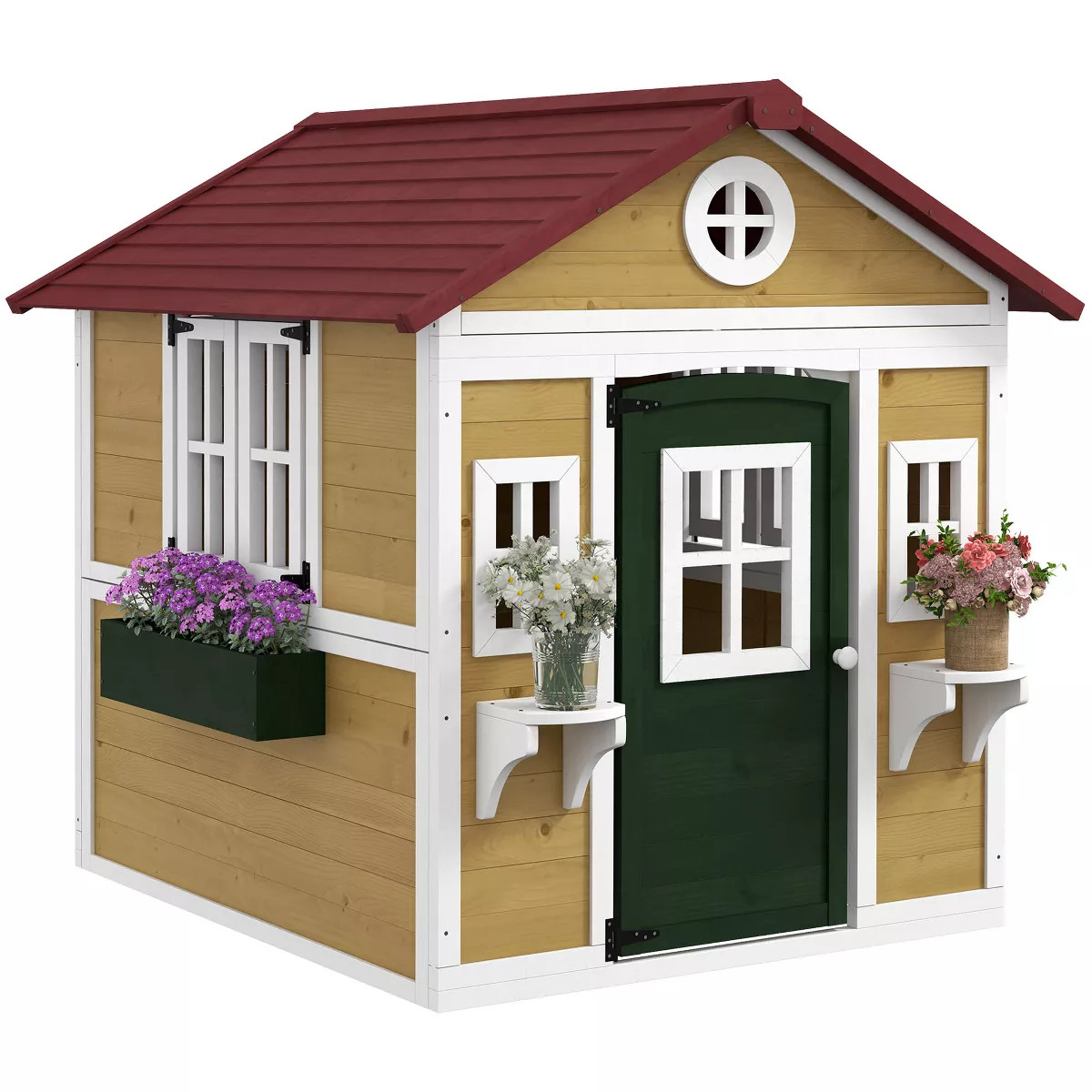 Outsunny Playhouse for Kids Outdoor, Wooden Playhouse with Doors, Windows, Planter Pots and Boxes... | Target