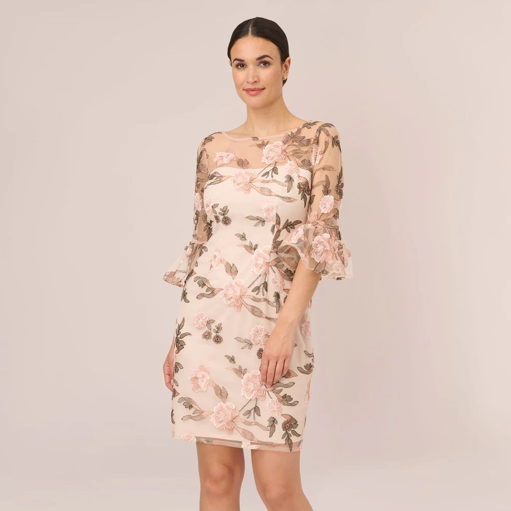 Floral Embroidered Bell Sleeve Sheath Dress In Blush Multi | Adrianna Papell