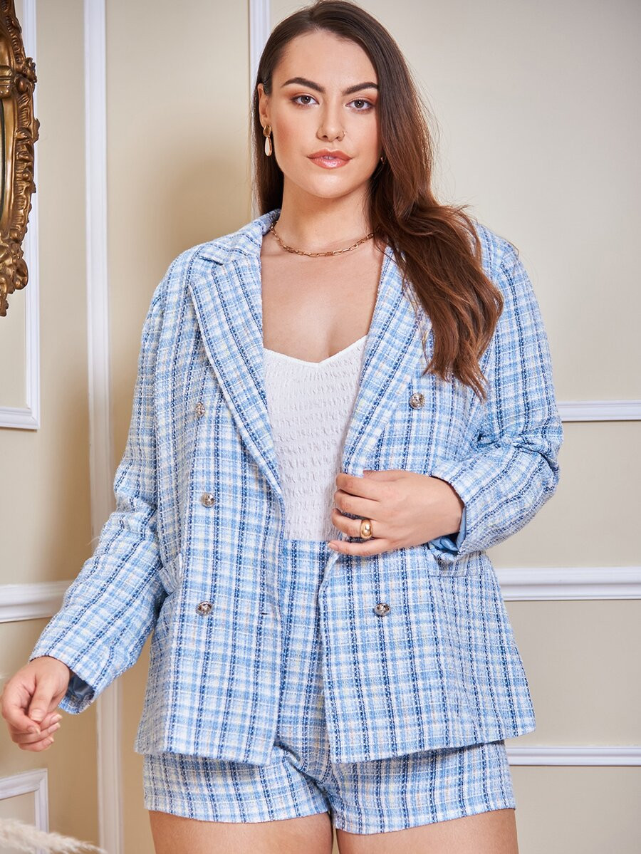 Plus Plaid Decor Pocket Double Breasted Tweed Blazer & Shorts | SHEIN