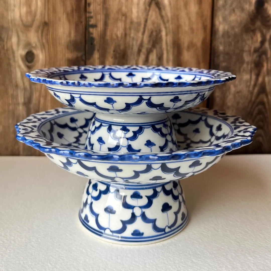 Set of 2 Hand-painted Footed Porcelain Bowls White & Blue Pedestal Centerpiece Pre-loved, Made in... | Etsy (US)