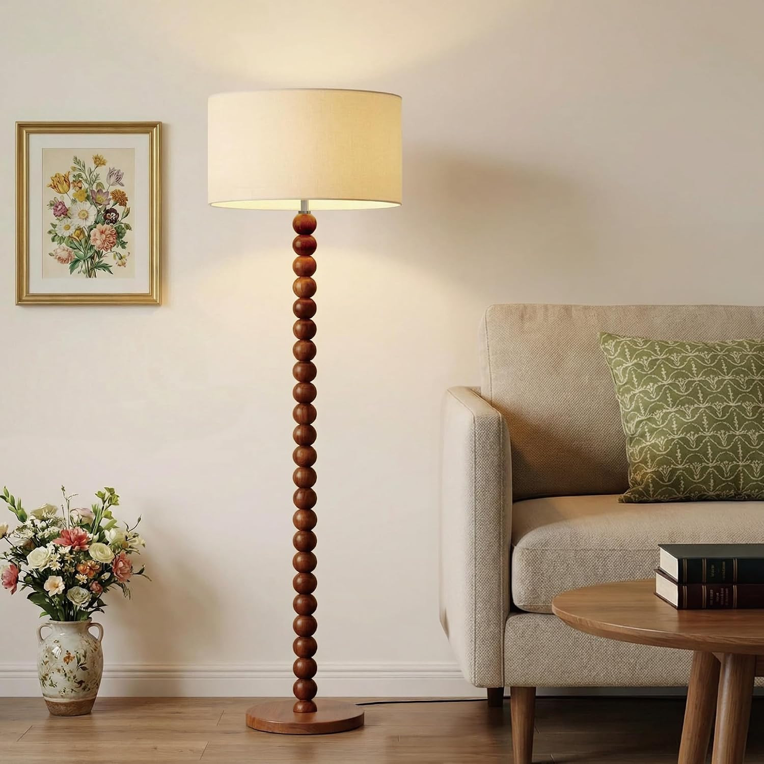 Buruis 60.6 Inch Beaded Walnut Wood Floor Lamp with Linen Shade, Beige | Amazon (US)