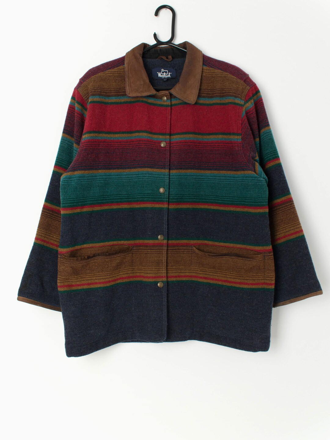 Rare vintage Woolrich blanket coat with leather collar and colourful stripes - Large / XL | Etsy (US)