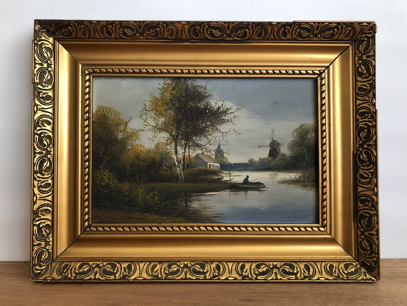 Antique Dutch Oil Painting Old River Landscape Man in | Etsy | Etsy (US)