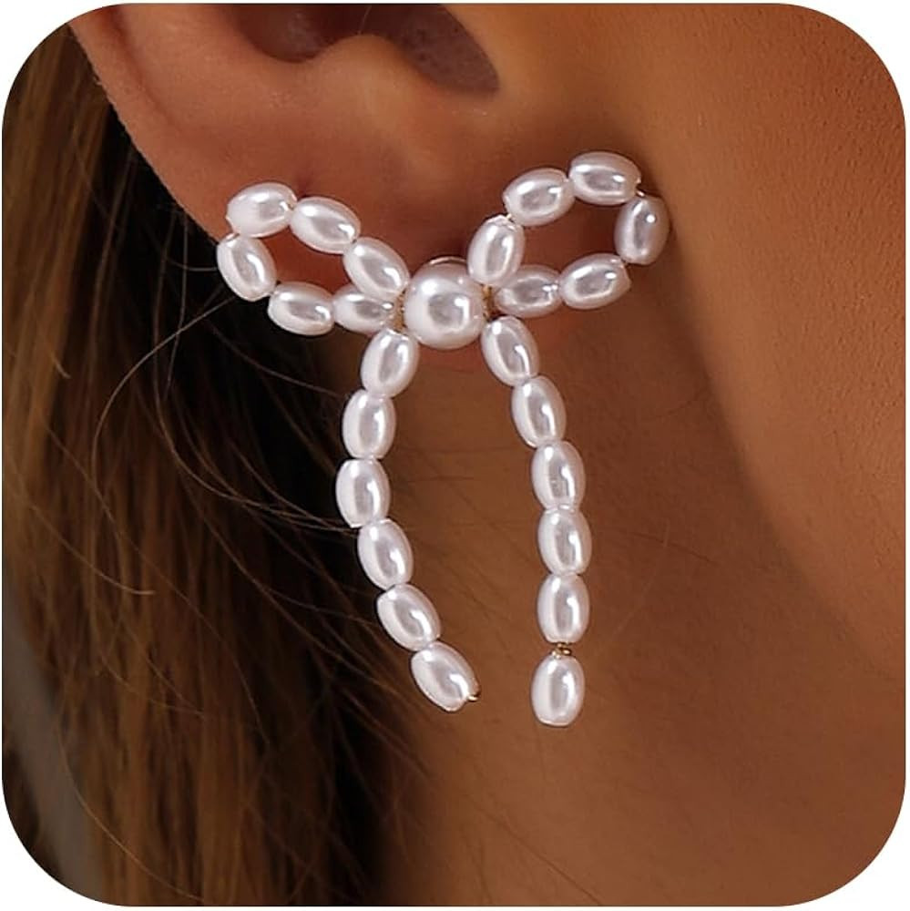 Dainty Pearl Bow Earrings Pearl Stud Earrings for Women Dainty Gold Pearl Earrings Trendy Earring... | Amazon (US)