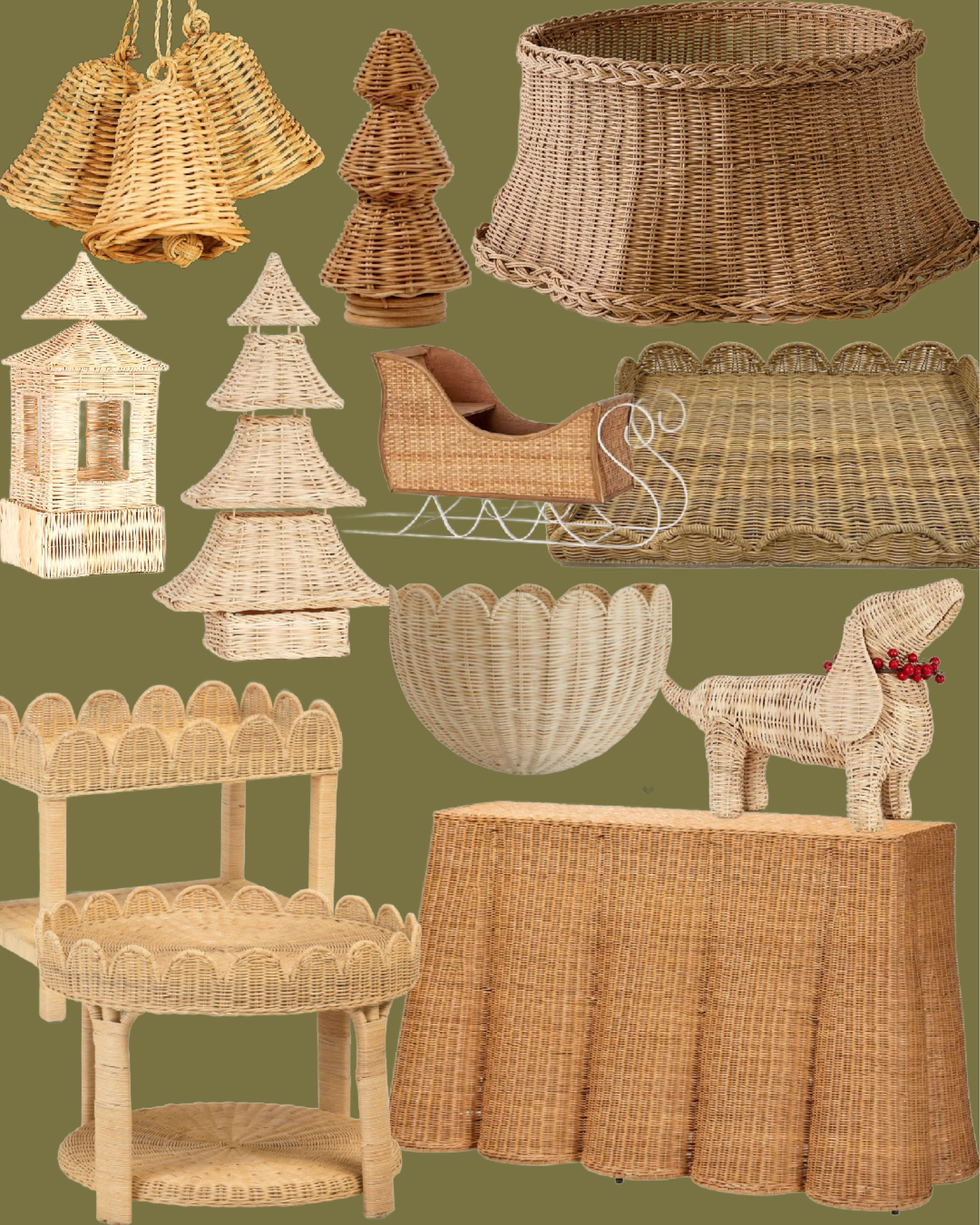 Wicker and rattan finds for the Holidays! 

Console marked down to $405 today! 

Wicker dog, wicker Christmas tree collar, rattan bells, rattan tree, pagoda, scalloped side table, scalloped coffee table, scalloped wall decor, rattan Christmas tree 

#LTKSeasonal #LTKHome #LTKHoliday