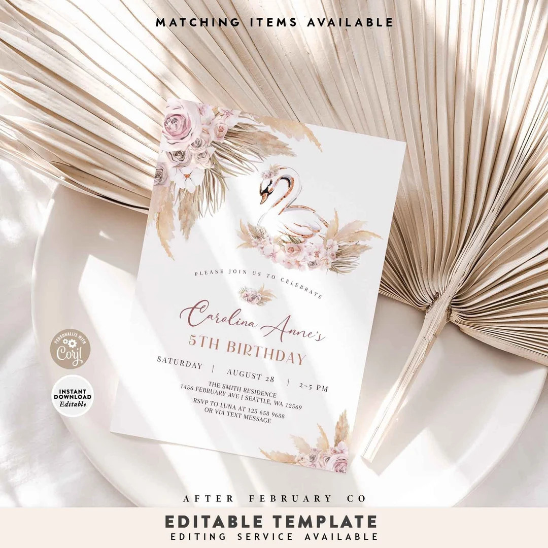 EDITABLE Swan Pink Pampas Grass Boho Swan Birthday Invitation Girl Invite Printable Template Inst... | Etsy (US)