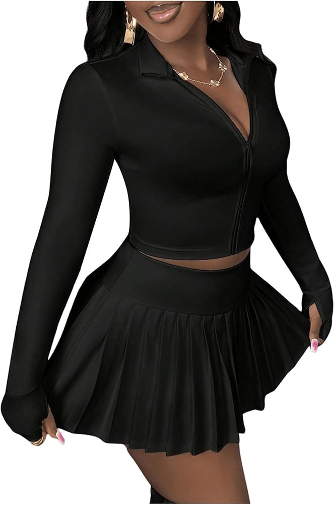 SOLY HUX Women's Skirt Sets 2 Piece Outfits Long Sleeve Crop Top with Pleated Mini Skirt Set Part... | Amazon (US)