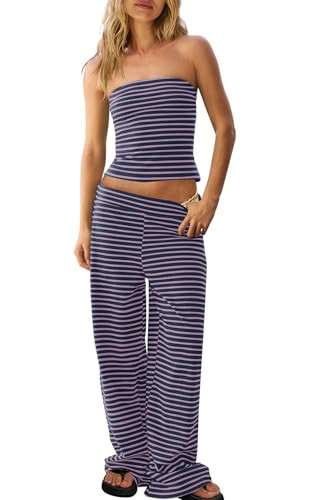 Panadila Womens Striped Lounge Set Summer Vacation Outfits Tube Top and Pants Matching Set Travel Resort Beachy Clothes (Grey Pink Combo,M) | Amazon (US)