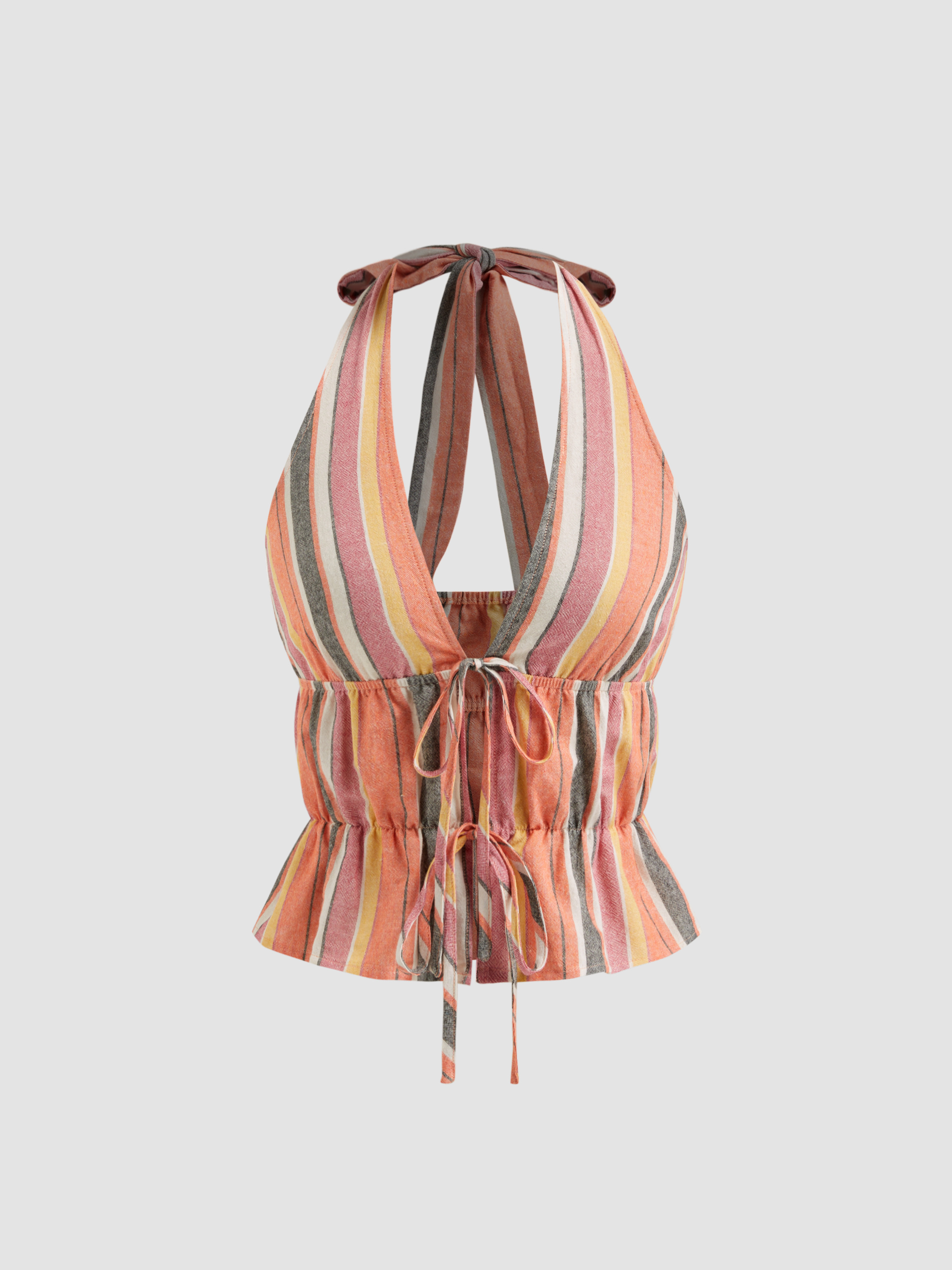 Knit Fabric Cotton-blend Halter Neckline Stripe Tie Front Ruched Top For Vacation | Cider