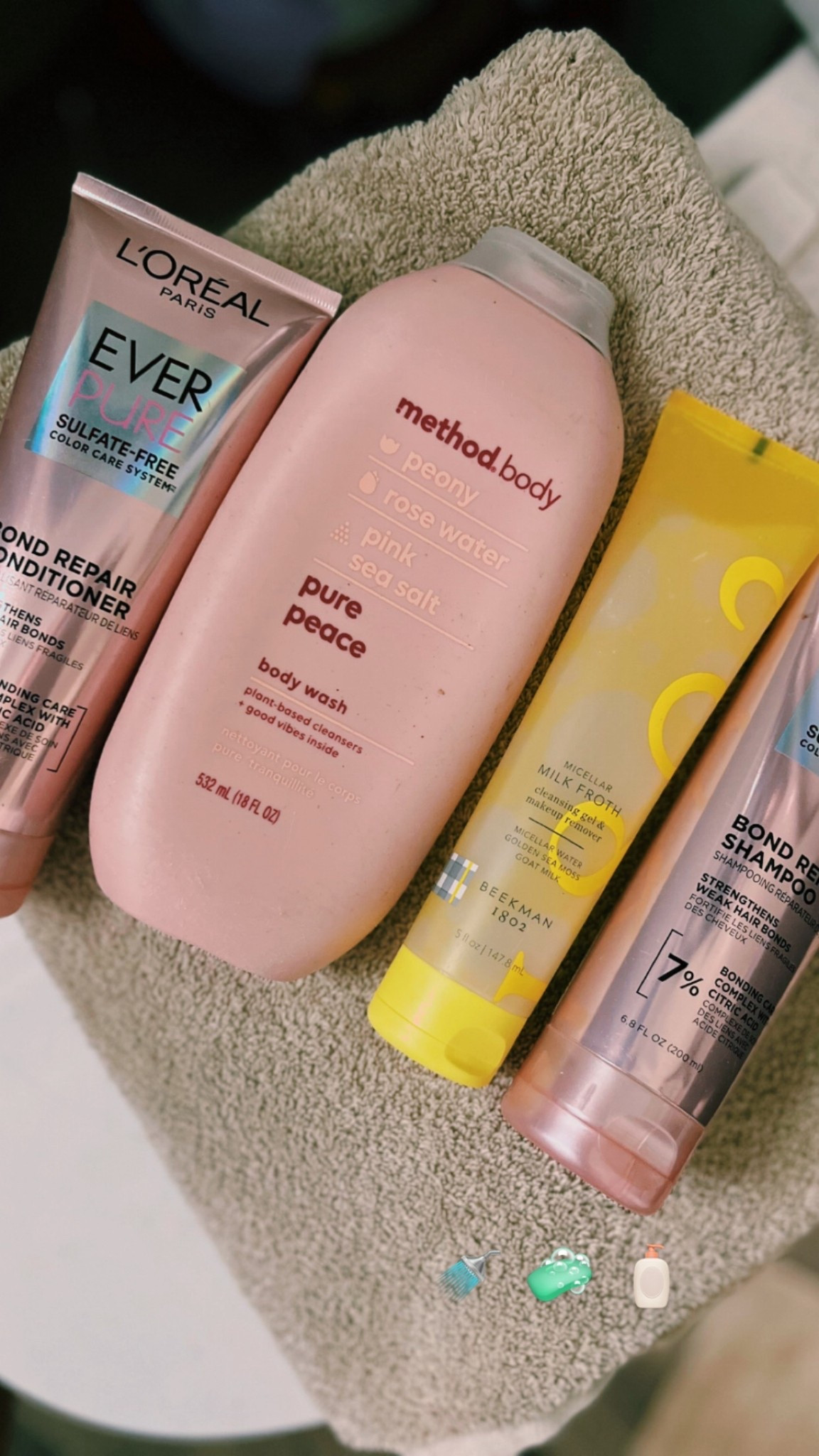 shower must haves 🙌🏻 #shower #methodbody #purepeace #lorealeverpure #beekman1802