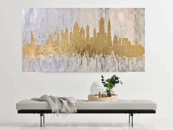New York Skyline, Gold leaf city painting, Skyline wall art, Cityscape art, Gold leaf NY skyline,... | Etsy (US)
