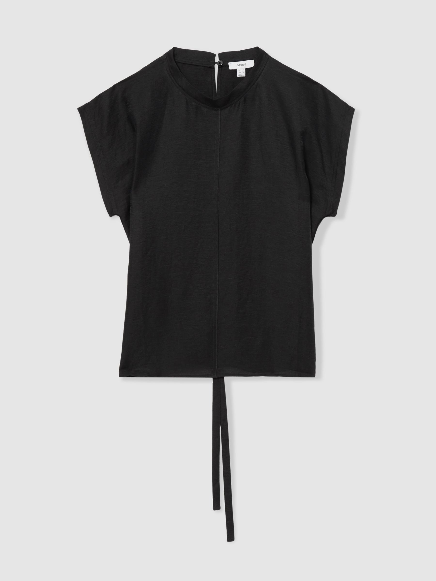 Linen-Blend Cap-Sleeve T-Shirt in Black | Reiss US