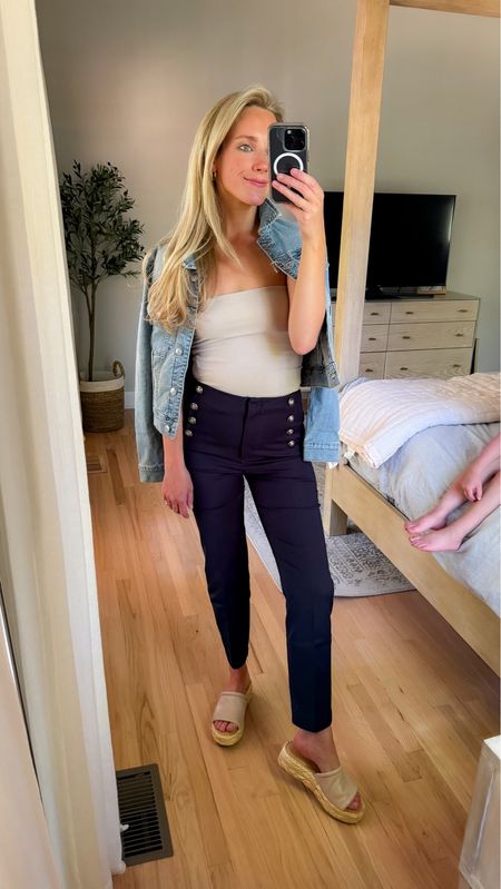 tailored pants dressy pants navy trousers tube top strapless top sandals wedges platform wedge dolce vita sandals denim jacket jean jacket date night outfit office outfit workwear 

#LTKFindsUnder50 #LTKFindsUnder100 #LTKWorkwear