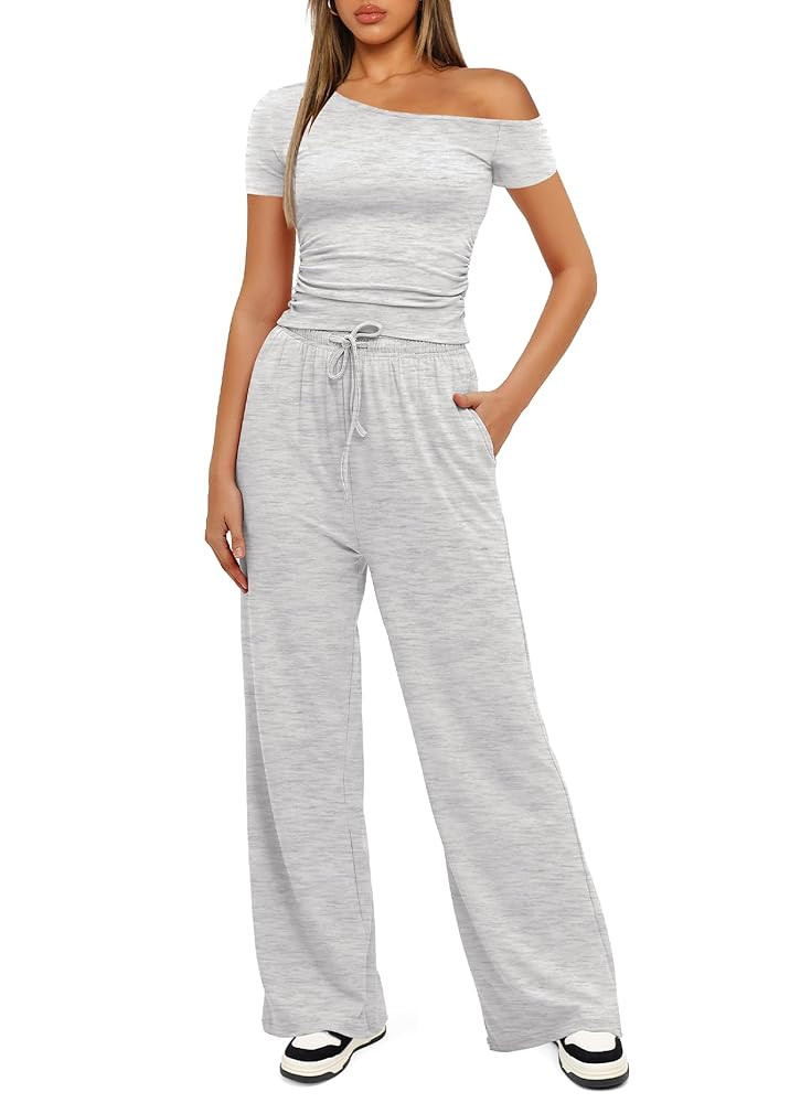 Darong Women's 2 Piece Outfits Lounge Sets Off Shoulder Short Sleeve Tops and High Waisted Wide L... | Amazon (US)