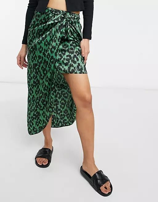 ASOS DESIGN satin wrap midi skirt in green animal print | ASOS (Global)