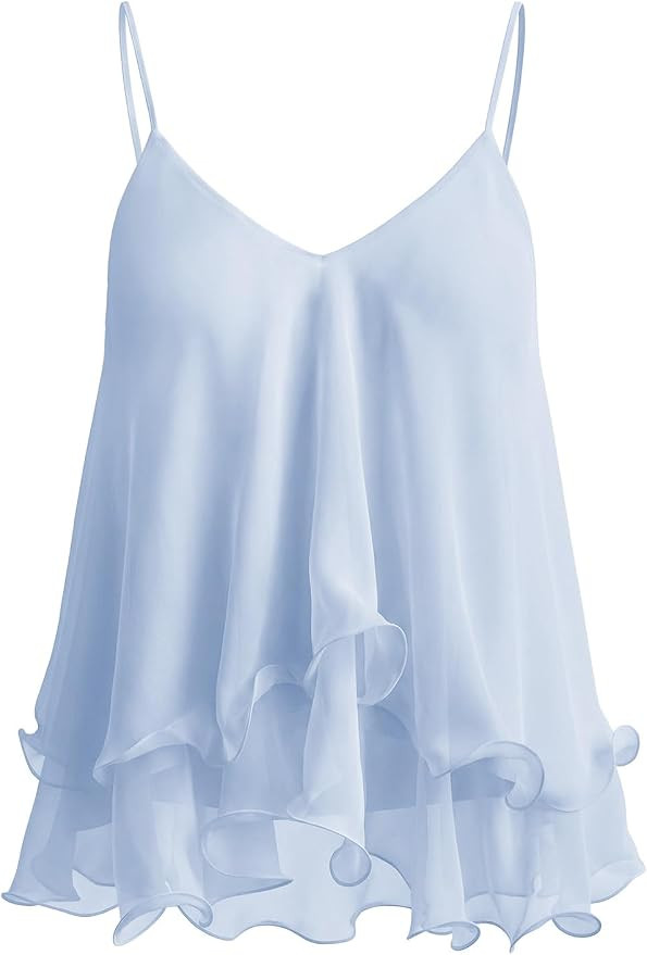 Women's Ruffled Chiffon Camisole Top Flowy Layered Spaghetti Strap Tank Elegant V Neck Blouse Dre... | Amazon (US)