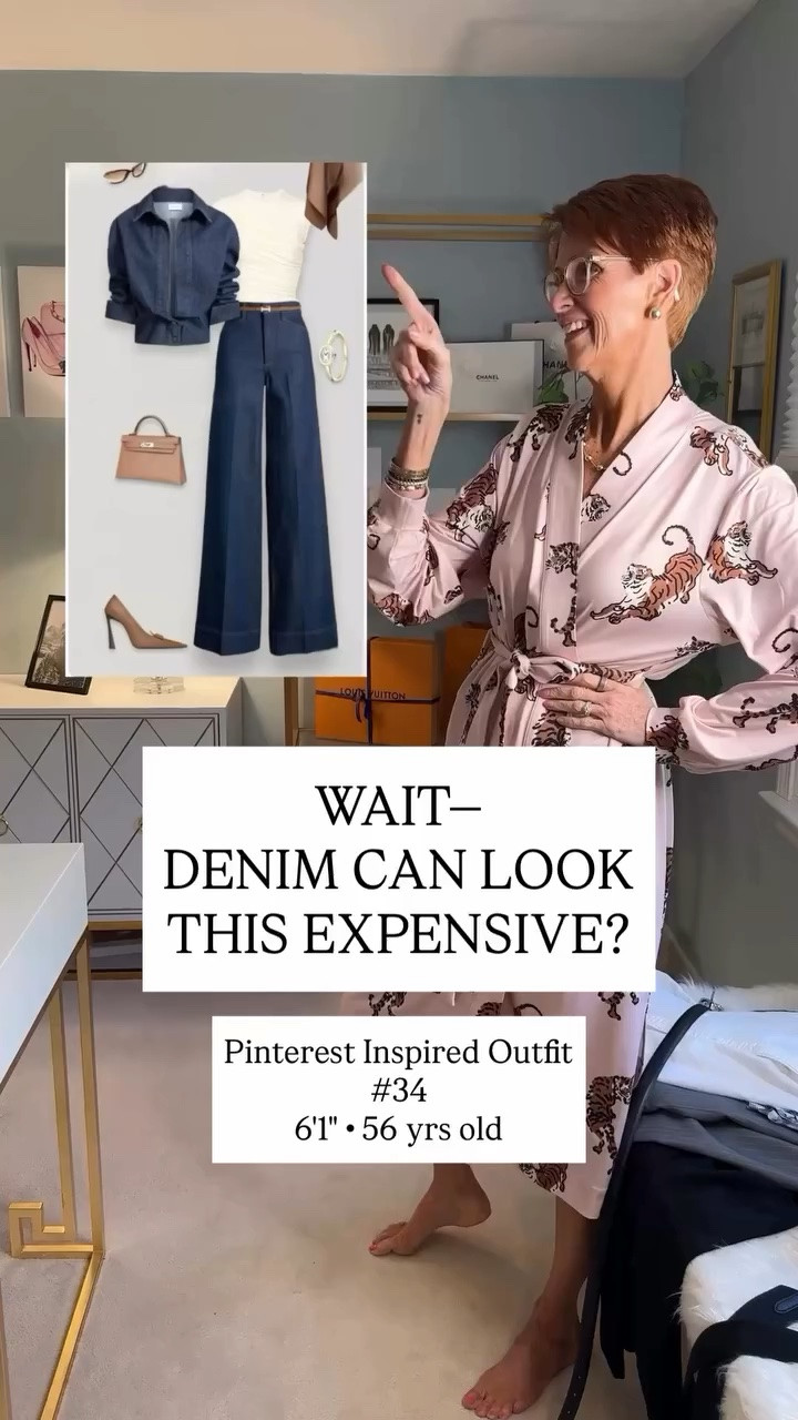 Denim-on-denim…but make it polished.

Comment PINTEREST  and I’ll send everything over

At 56 and 6’1”, I’m always looking for ways to make denim feel a little more elevated—and this Pinterest-inspired outfit might be one of my favorite takes on it yet.

A cream ribbed knit top breaks up the dark wash, while a structured dark denim jacket and matching wide-leg jeans create an almost suit-like effect. The pointed-toe beige suede heels are the finishing touch that takes the whole look from casual denim to polished fall outfit.

This is exactly the kind of outfit formula I love: simple pieces, strong proportions, and just enough detail to make it interesting.

Would you wear denim-on-denim like this—or are you still not convinced? Tell me below. And SAVE this one for the next time you want your jeans to look a whole lot more dressed up.

#TallWomenStyle #DenimOnDenim #StyleOver50