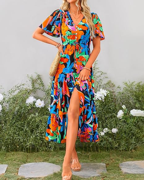 Zenlonr Women Summer Dresses 2025 Casual Short Sleeve V Neck Split Maxi Dress Button Drawstring B... | Amazon (US)