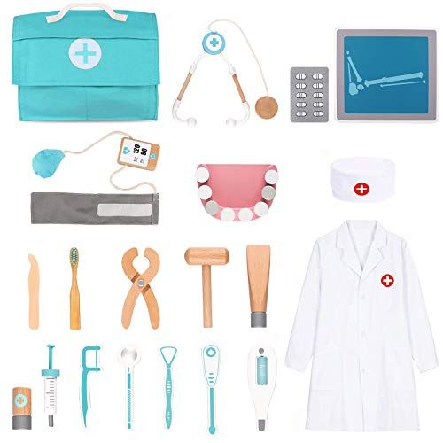 LOKUO Wooden Doctor Toy Playset 19 Pcs, Dentist Medical Kit, Educational Pretend Play Toys with Whit | Amazon (US)