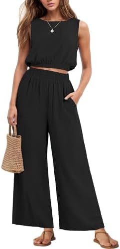 GRECERELLE Two Piece Sets for Women Sleeveless Crop Top Wide Leg Pants Sweat Set for Women Tracks... | Amazon (US)