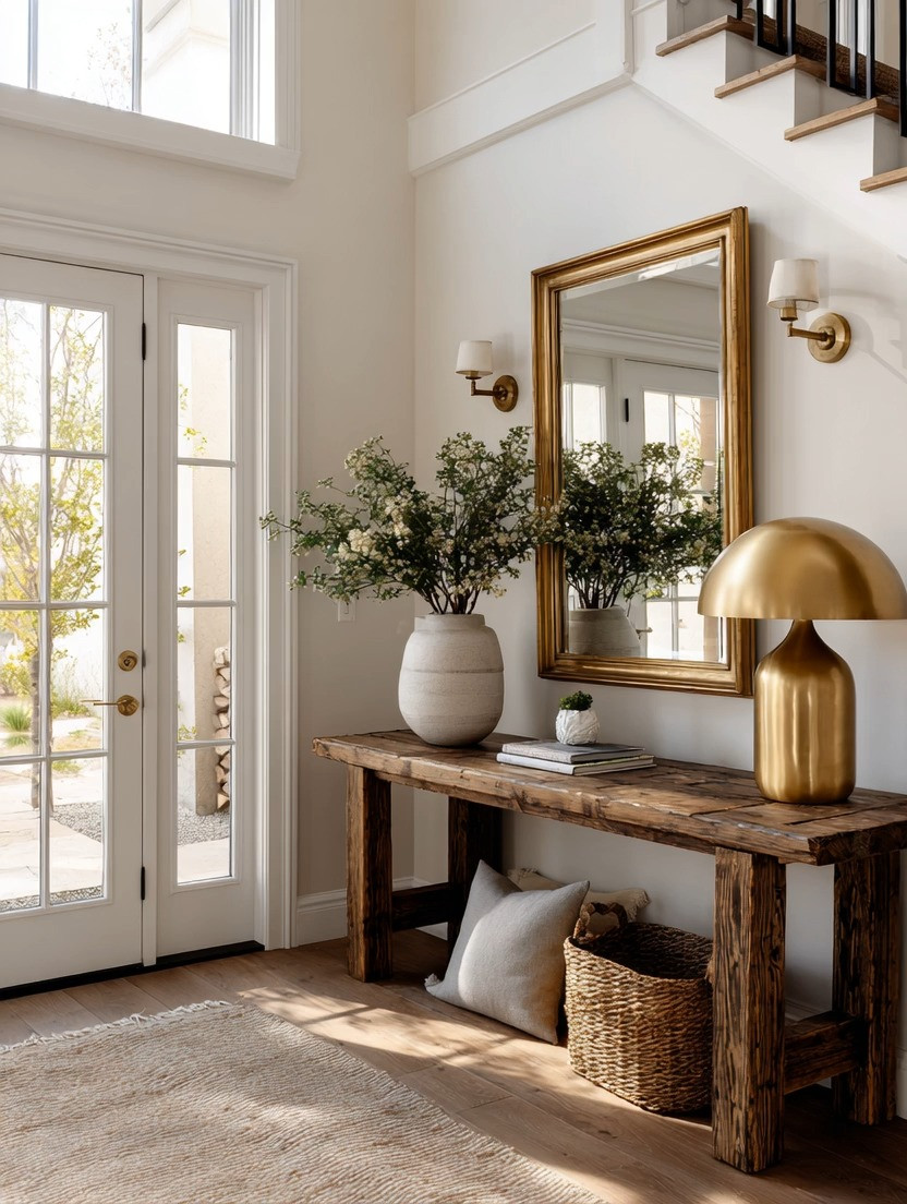 Wooden console tables will always be timeless because wood naturally grounds the energy of a home. But home decor is evolving.

We are moving away from flat, overly organic spaces and stepping into interiors that feel warmer, richer, layered, and full of personality. The easiest way to upgrade your console table without replacing it is with two simple additions: a gold-framed mirror and a modern gold table lamp.

This combination instantly transforms the entire space. The mirror adds depth, elegance, and light while visually doubling the room. The gold table lamp brings warmth during the day and creates a soft luxury hotel glow at night. And the key to keeping the look modern is choosing sculptural or dome-style lamps instead of traditional shapes.

What makes this look feel so elevated is the balance between old and new. Rustic wood keeps the room grounded and natural, while gold accents add refinement and sophistication. That mix is exactly what modern intentional homes are embracing in 2026.

You do not need a complete renovation to elevate your home. Sometimes a few intentional pieces completely change the mood of a room.

Explore our curated edit of wooden console tables, gold-framed mirrors, and modern statement table lamps to recreate this timeless yet modern look at home.

#ConsoleTableDecor #LuxuryHomeDecor #ModernClassicStyle #EntrywayInspo 

 #LTKHome