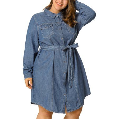 Unique Bargains Women's Plus Size Belted Above Knee Denim Shirt Dress | Walmart (US)