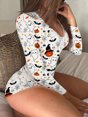 SHEIN SXY Mono de gráfico completo casual de mujer con estampado de calabaza, murciélago y fant... | SHEIN